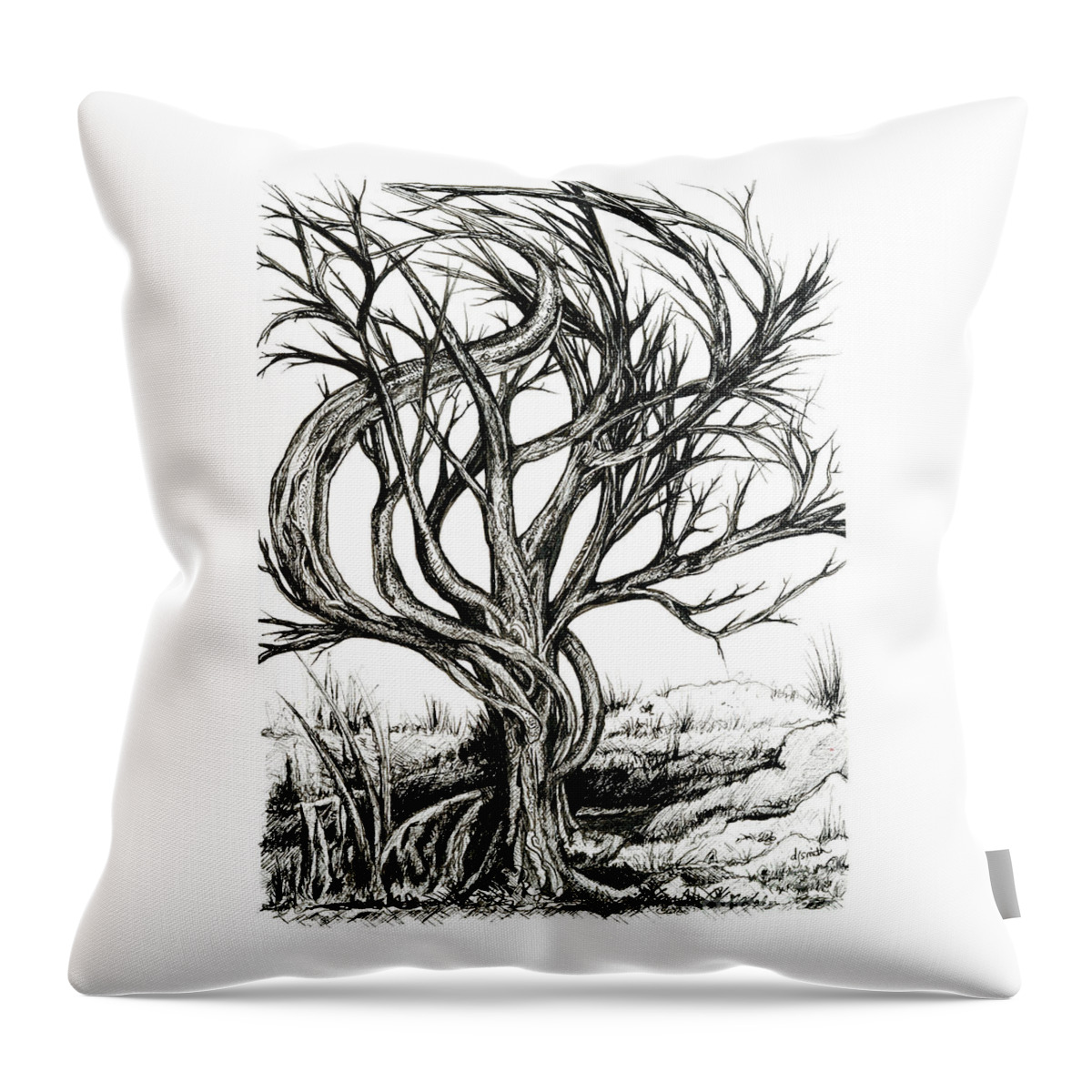 Tree Throw Pillow featuring the drawing Twisted Tree by Danielle Scott