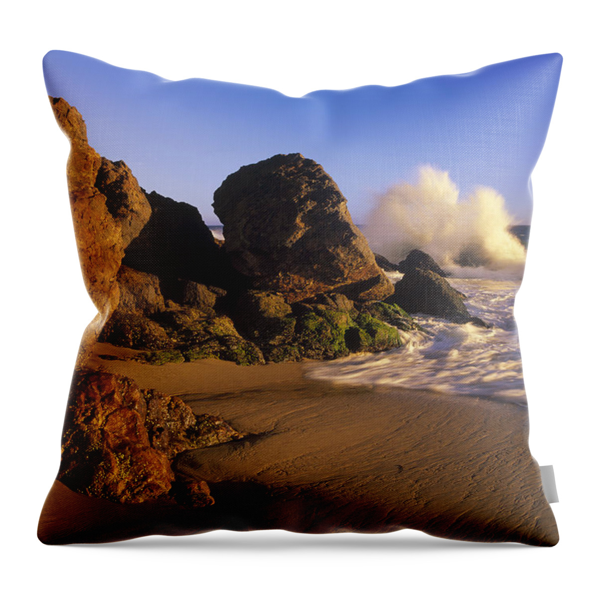 00170064 Throw Pillow featuring the photograph Waves Crashing On Point Dume Beach #1 by Tim Fitzharris