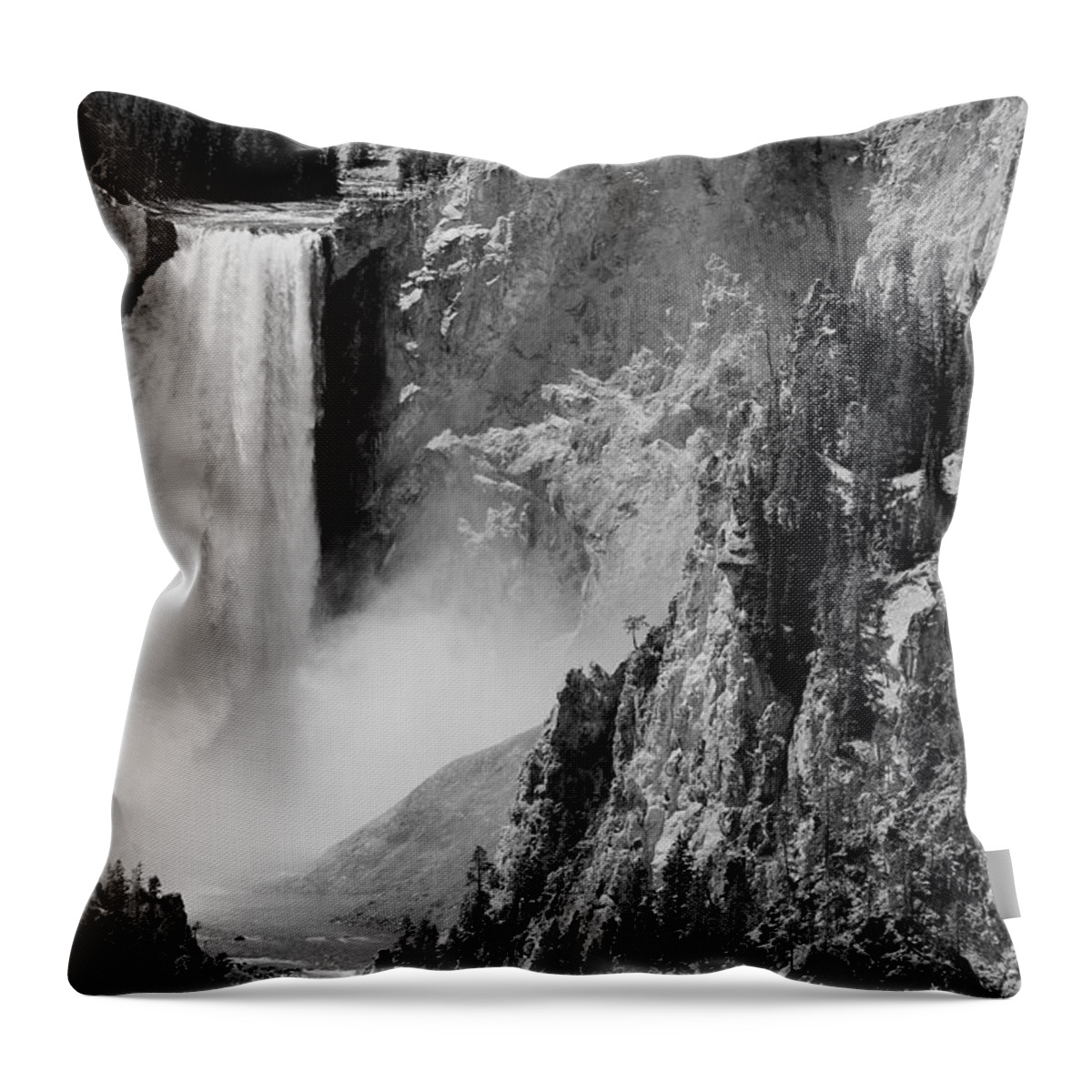 Yellowstone Throw Pillow featuring the photograph Yellowstone Waterfalls in Black and White #1 by Sebastian Musial