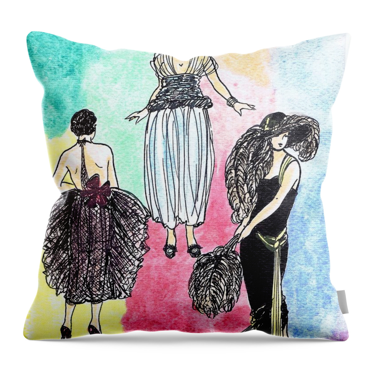 Nostalgia Throw Pillow featuring the drawing 1920s Gals 4 by Mel Thompson
