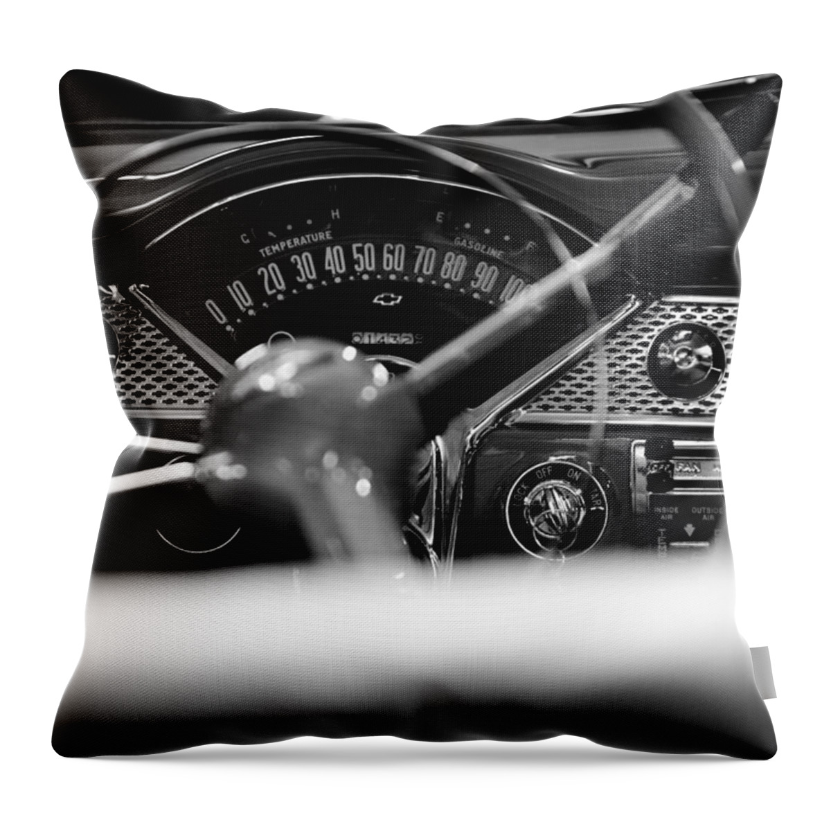 1955 Bel Air Throw Pillow featuring the photograph 1955 Chevy Bel Air Dashboard in Black and White by Sebastian Musial