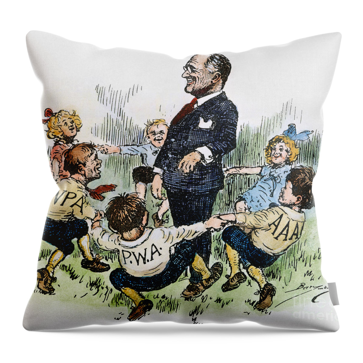 1930s Throw Pillow featuring the photograph Cartoon: New Deal, 1935 #2 by Granger