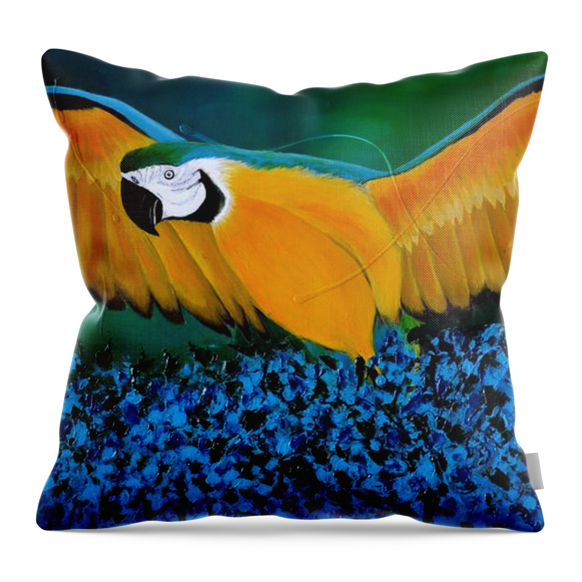 Macaw Throw Pillow featuring the painting Macaw On The Rise by Preethi Mathialagan