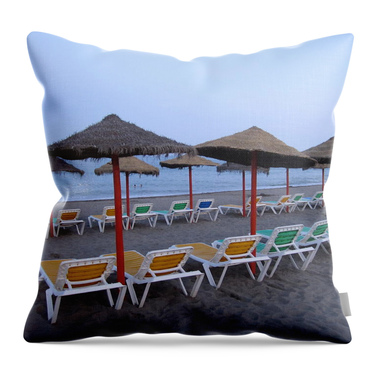 Umbrella Throw Pillow featuring the photograph Beach Umbrellas and Chairs Costa Del Sol Spain #4 by John Shiron