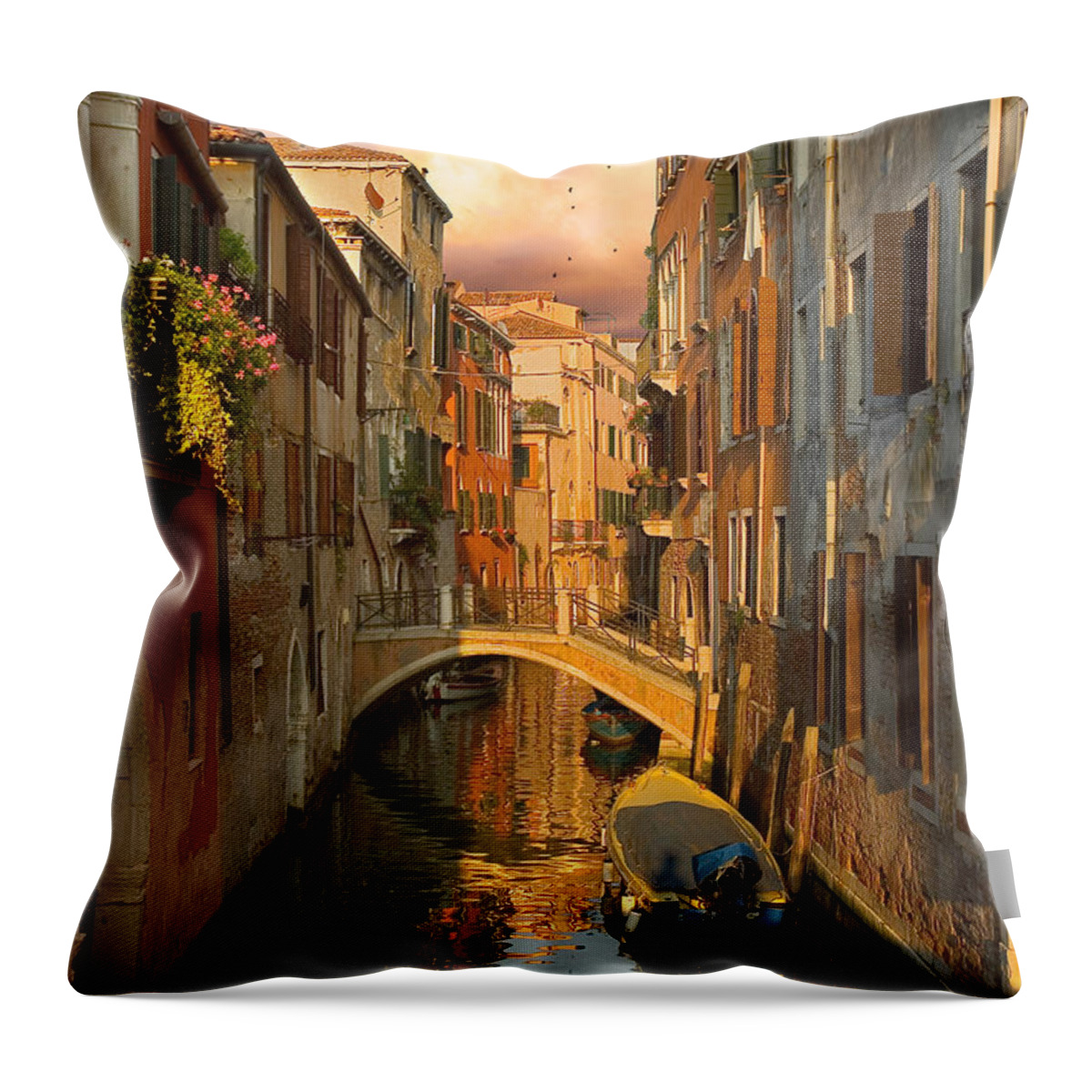 Venezia Throw Pillow featuring the photograph A Canal at Sunset in Venice Italy by Fred J Lord