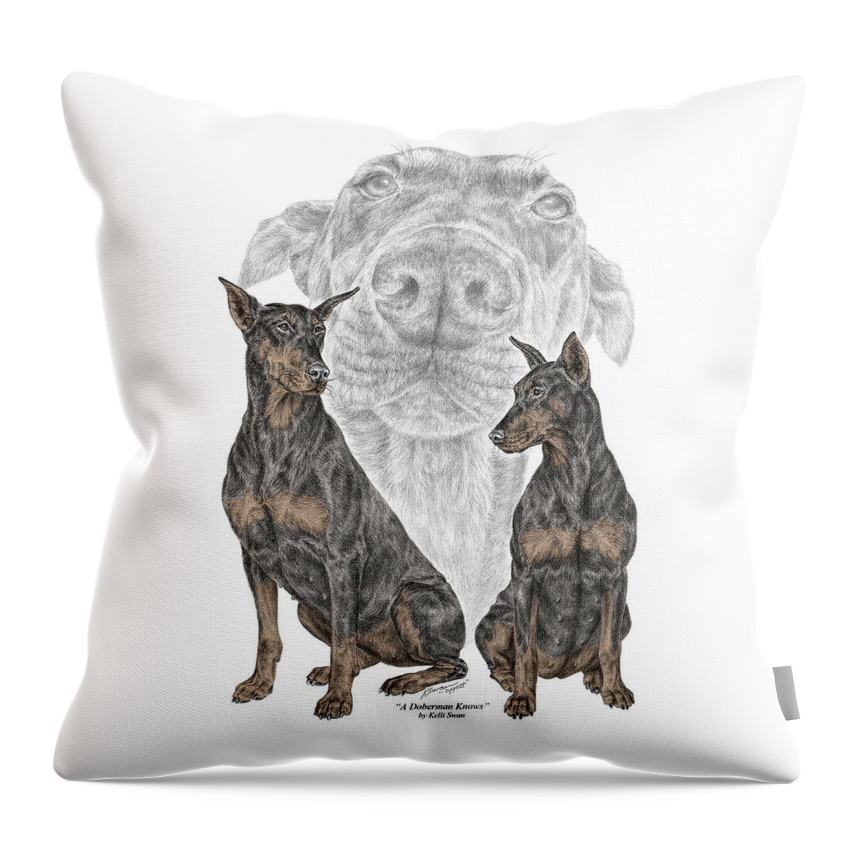 Doberman Throw Pillow featuring the drawing A Doberman Knows - Dobe Pinscher Dog Art Print by Kelli Swan
