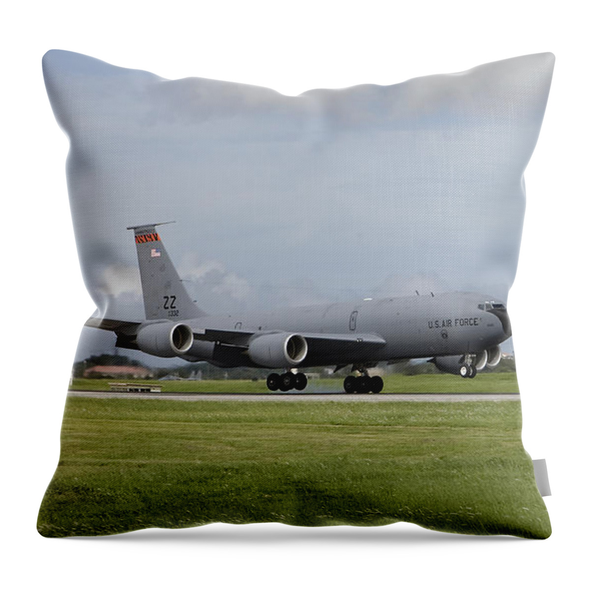 Airbase Throw Pillow featuring the photograph A Kc-135 Stratotanker Lands by HIGH-G Productions