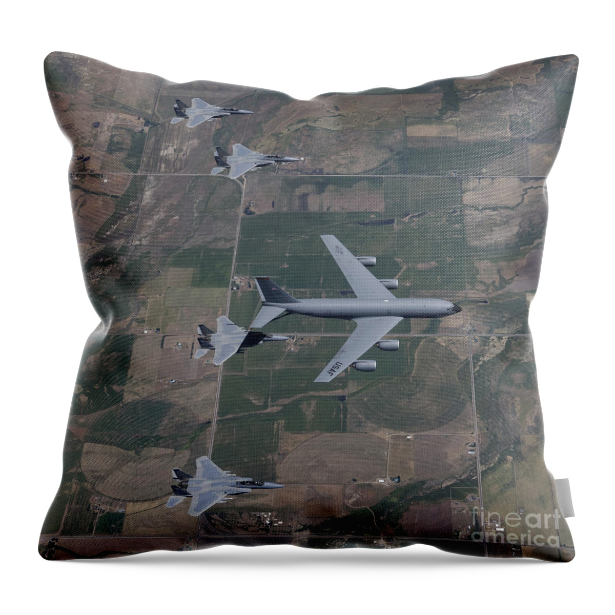 Color Image Throw Pillow featuring the photograph A Kc-135r Stratotanker Refuels Four by HIGH-G Productions