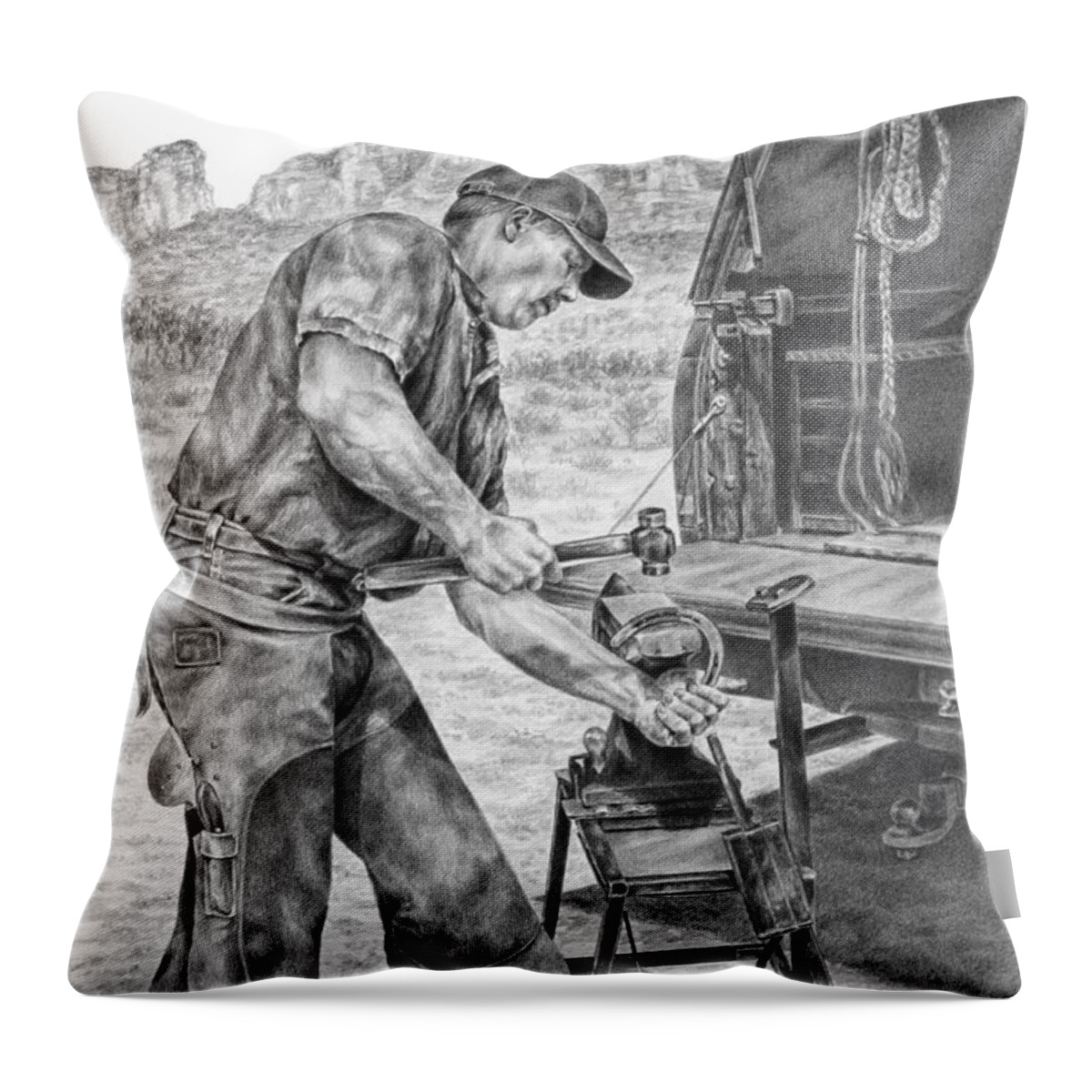 Farrier Throw Pillow featuring the drawing A Man and His Trade - Farrier Art Print by Kelli Swan