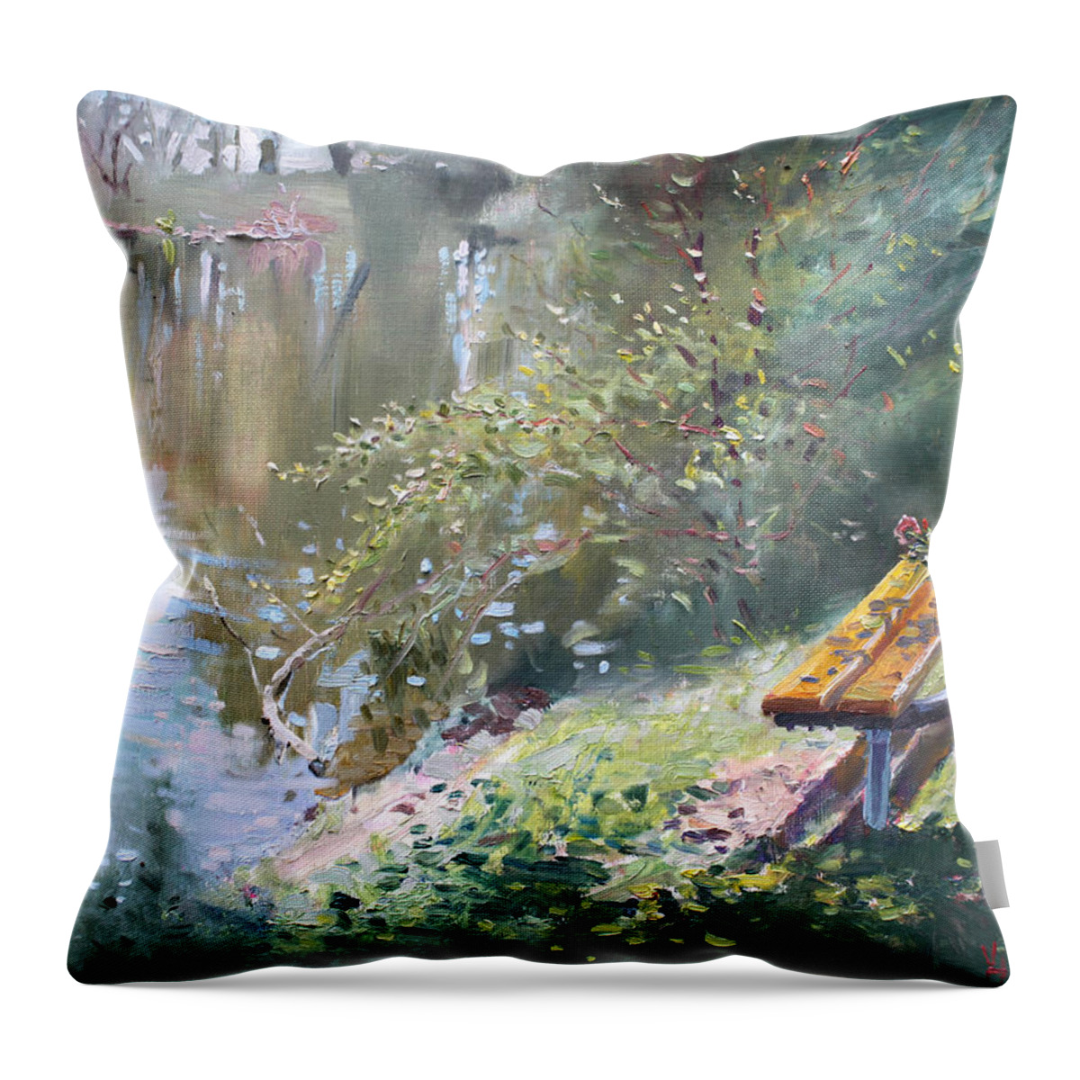 Lake Shore Throw Pillow featuring the painting A rose on the Bench by Ylli Haruni