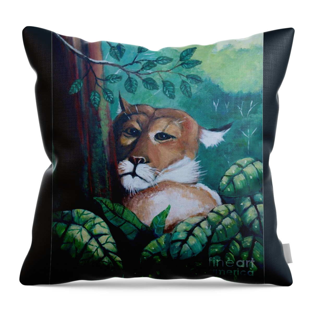 Puma Throw Pillow featuring the painting A slightly shy furtive look by Jean Pierre Bergoeing