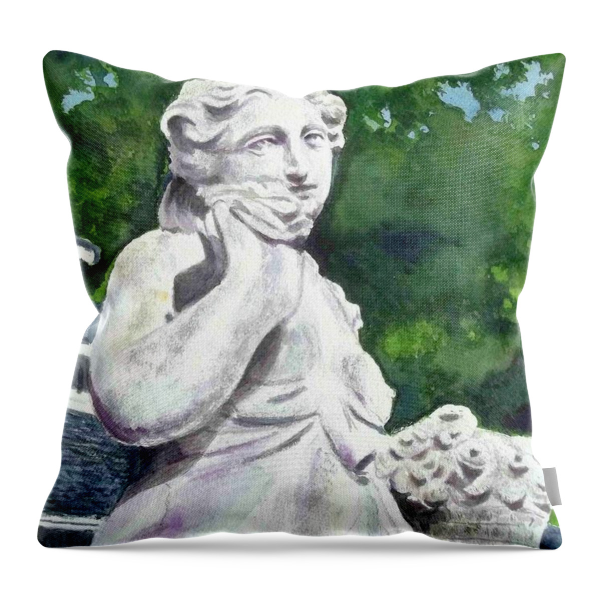  Statue Throw Pillow featuring the painting A Statue At The Wellers Carriage House -1 by Yoshiko Mishina