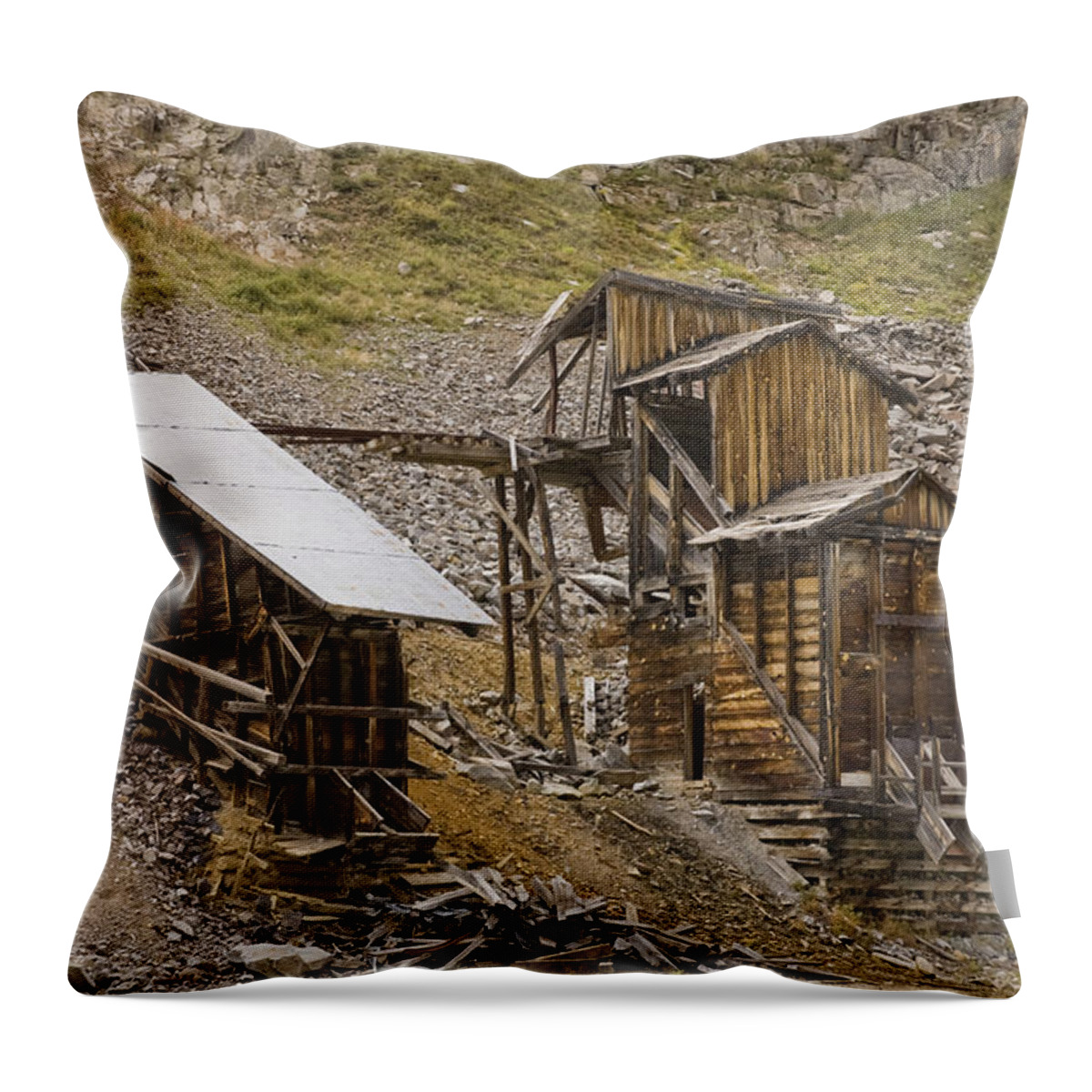 Western Buildings Throw Pillow featuring the photograph Abandoned Mine by Tim Mulina