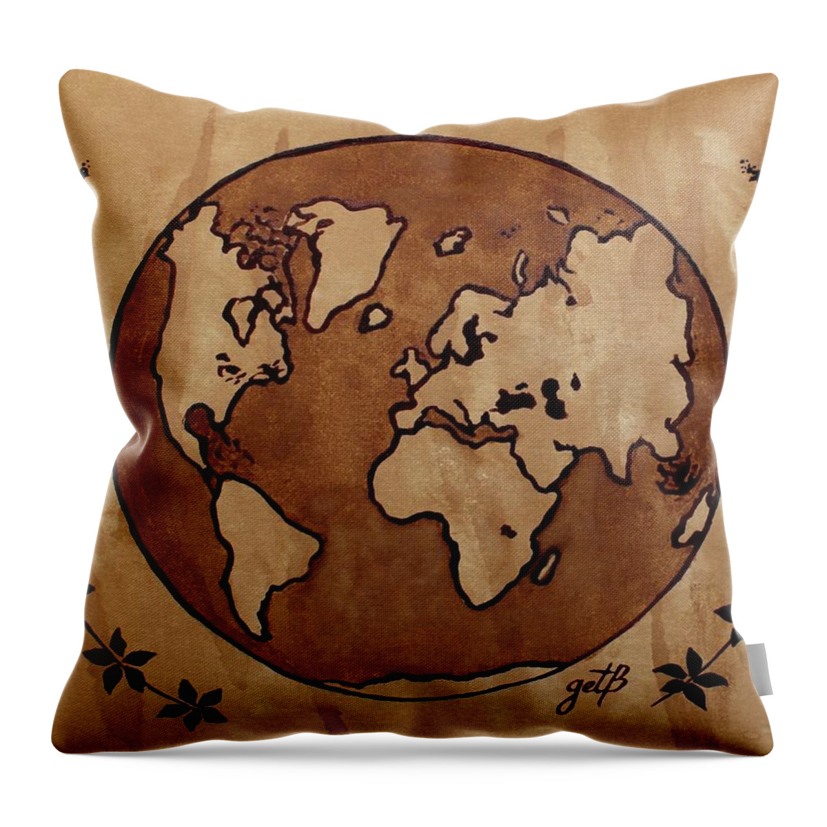 World Map Throw Pillow featuring the painting Abstract World Globe Map coffee painting by Georgeta Blanaru