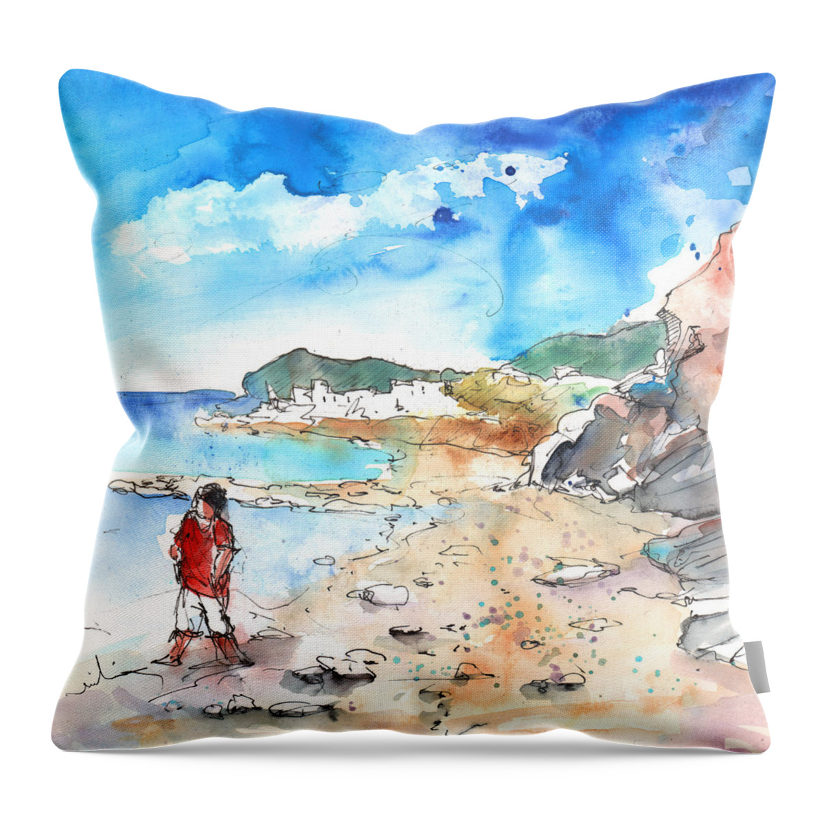 Travel Sketch Throw Pillow featuring the painting Agia Galini 01 by Miki De Goodaboom