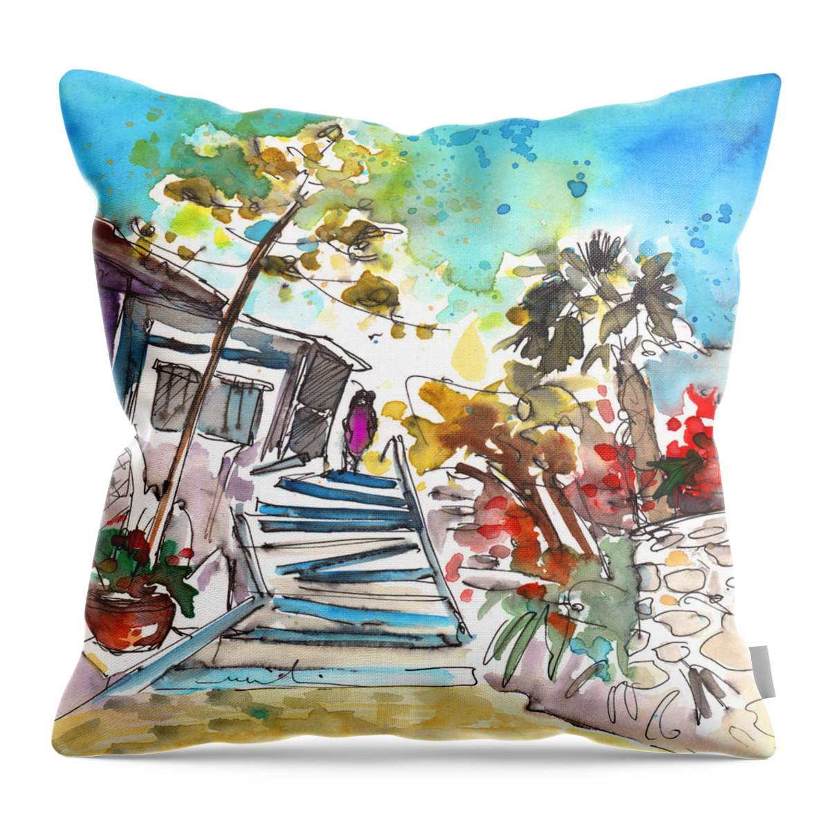 Travel Sketch Throw Pillow featuring the painting Agia Galini 03 by Miki De Goodaboom
