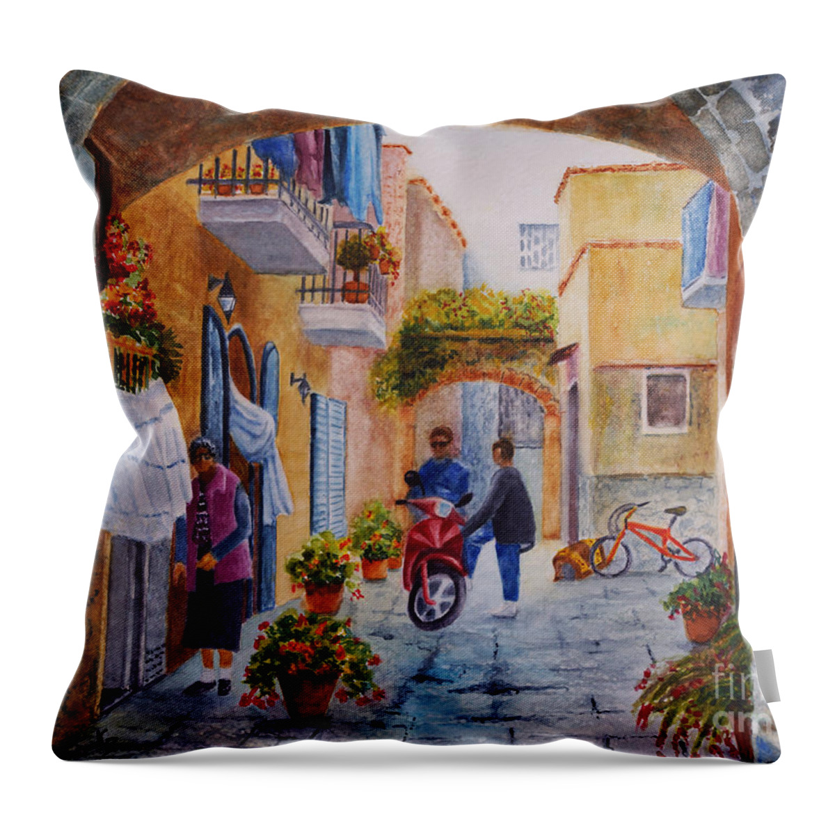 Arch Throw Pillow featuring the painting Alley Chat by Karen Fleschler