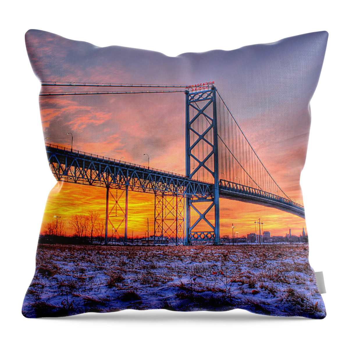 Sun Throw Pillow featuring the photograph Ambassador Bridge Sunrise 1-16-2012 Detroit MI by Nicholas Grunas