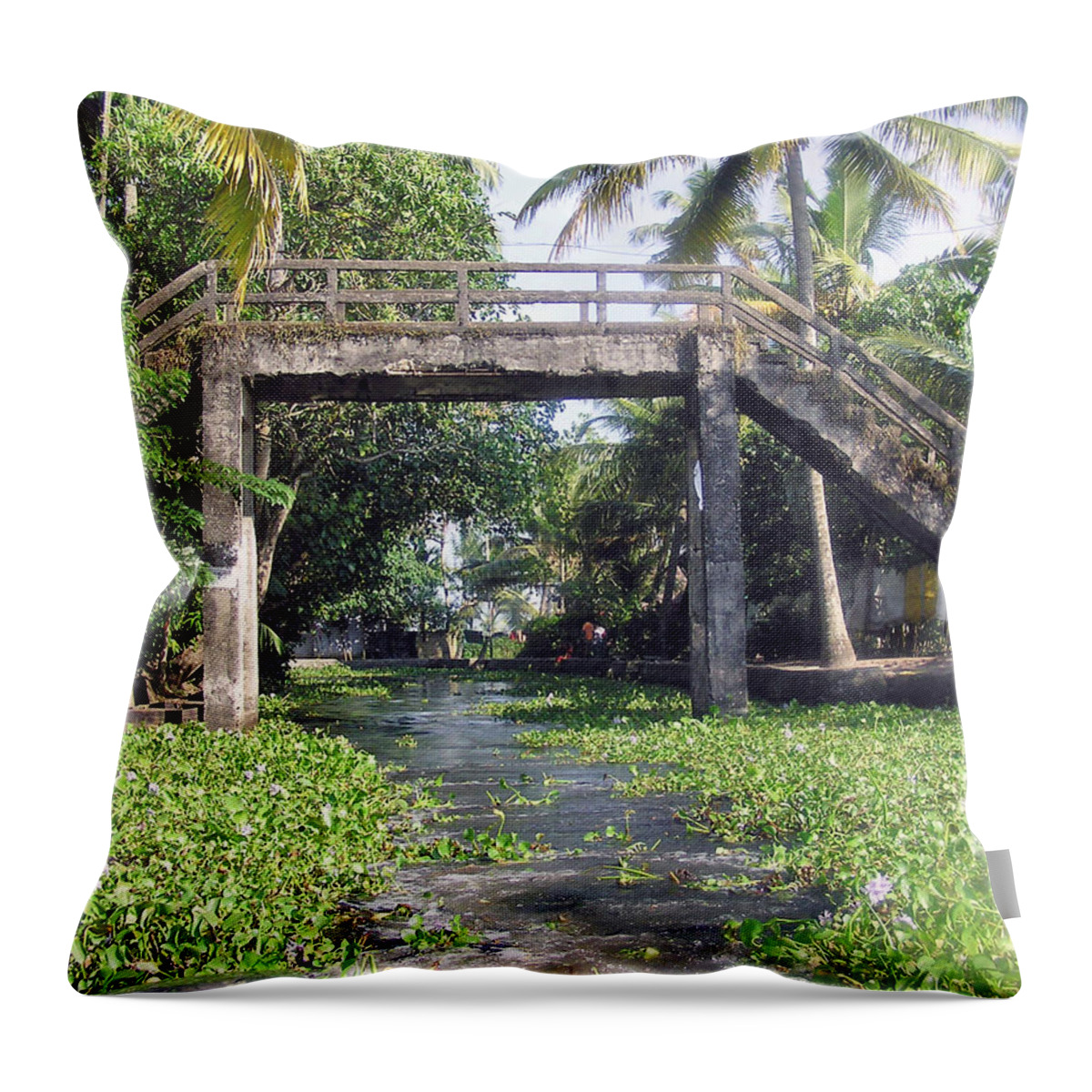 Alleppey Throw Pillow featuring the photograph An old stone bridge over a canal in Alleppey by Ashish Agarwal