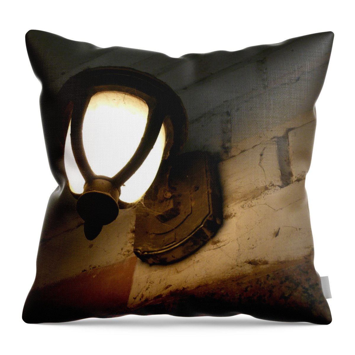 Lamp Throw Pillow featuring the photograph An old style electric lamp on a wall amidst dust and cobwebs by Ashish Agarwal