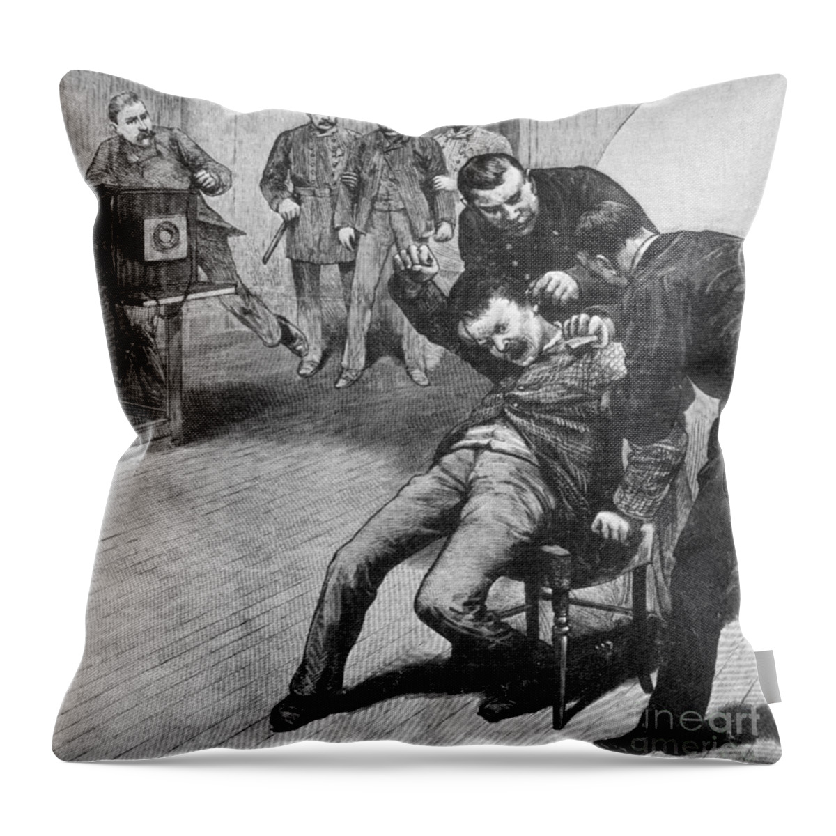 History Throw Pillow featuring the photograph Anarchist Being Held Down For Mug Shot by Photo Researchers