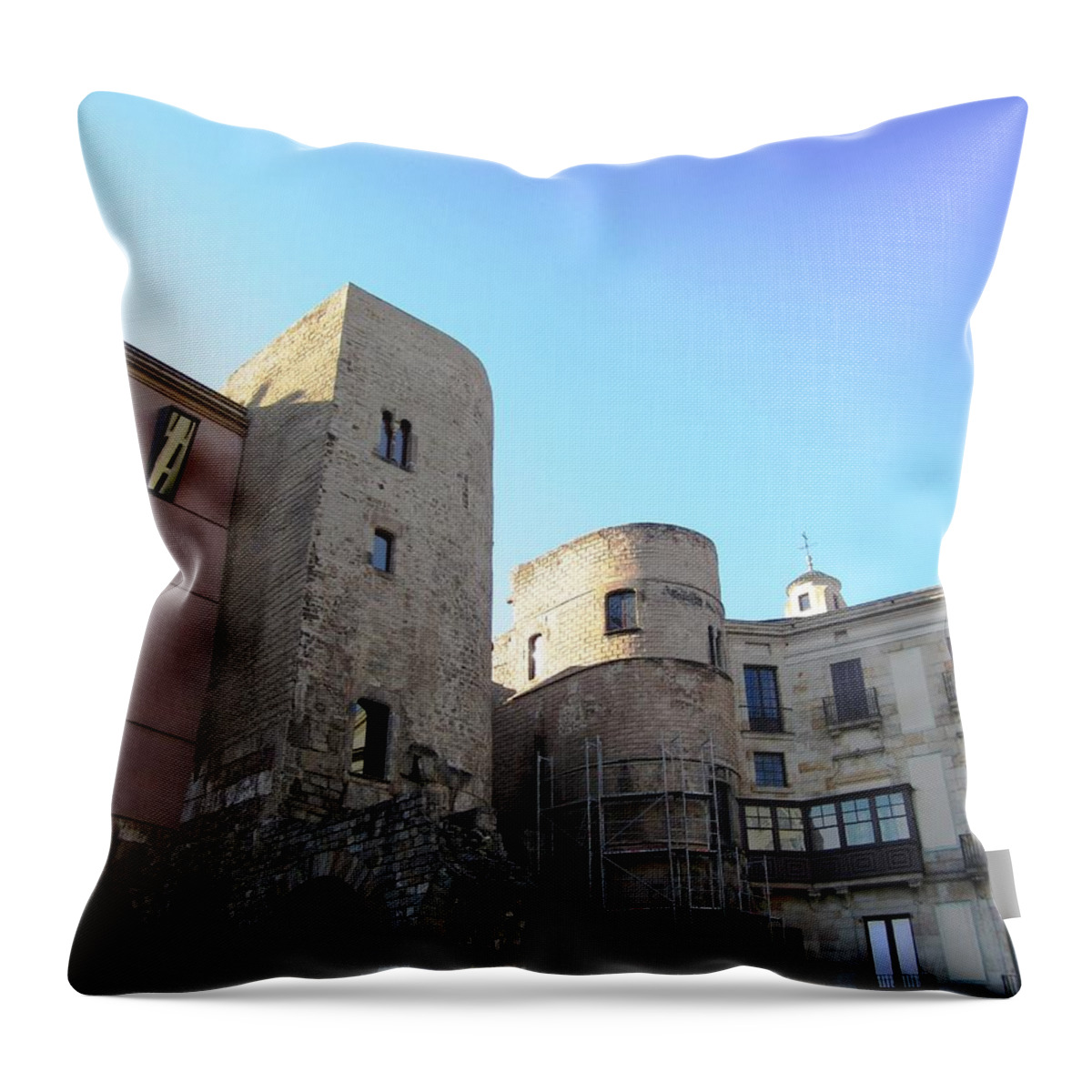 Barcelona Throw Pillow featuring the photograph Ancient Brick Building Architecture in Barcelona Spain by John Shiron