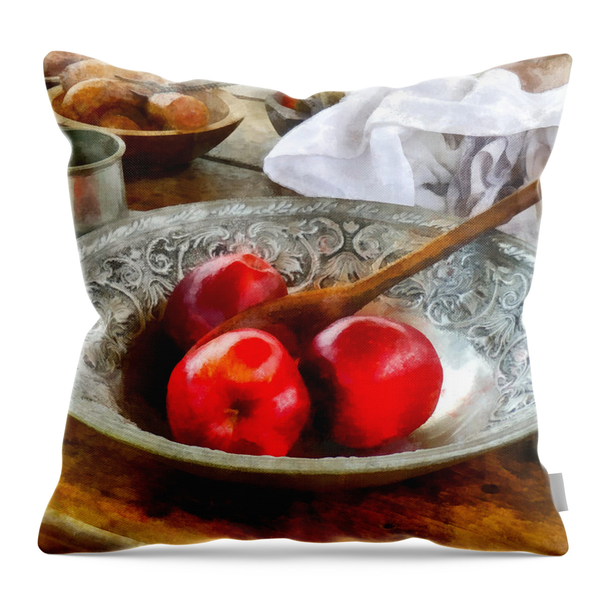 Meal Throw Pillow featuring the photograph Apples in a Silver Bowl by Susan Savad