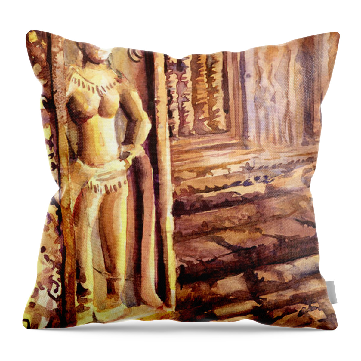 Ancient Throw Pillow featuring the painting Apsara Bas-Relief by Ryan Fox
