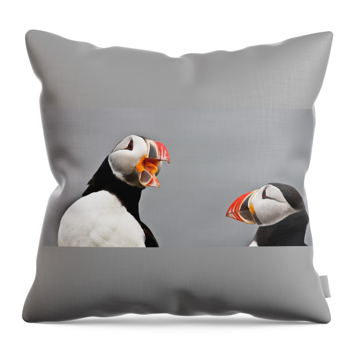 Puffins Throw Pillow featuring the photograph Are You Listening to Me by Tom and Pat Cory
