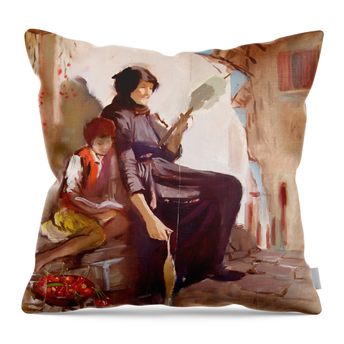 At The Doorstep Throw Pillow featuring the painting At the Doorstep by Ylli Haruni