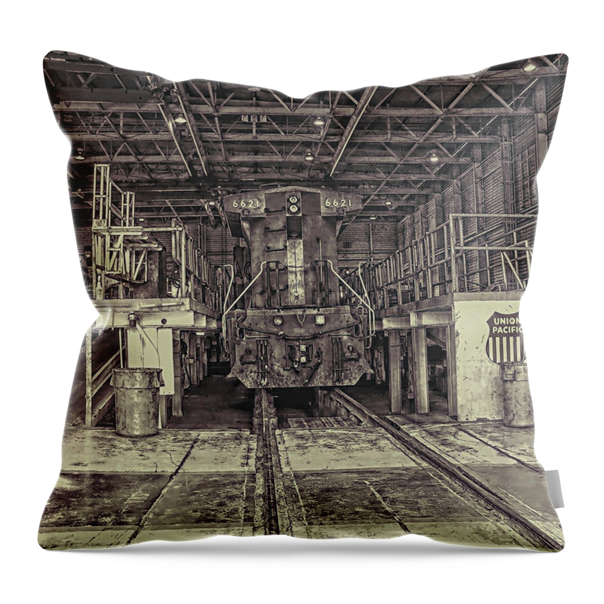 Trains Throw Pillow featuring the photograph At The Yard by Adam Vance