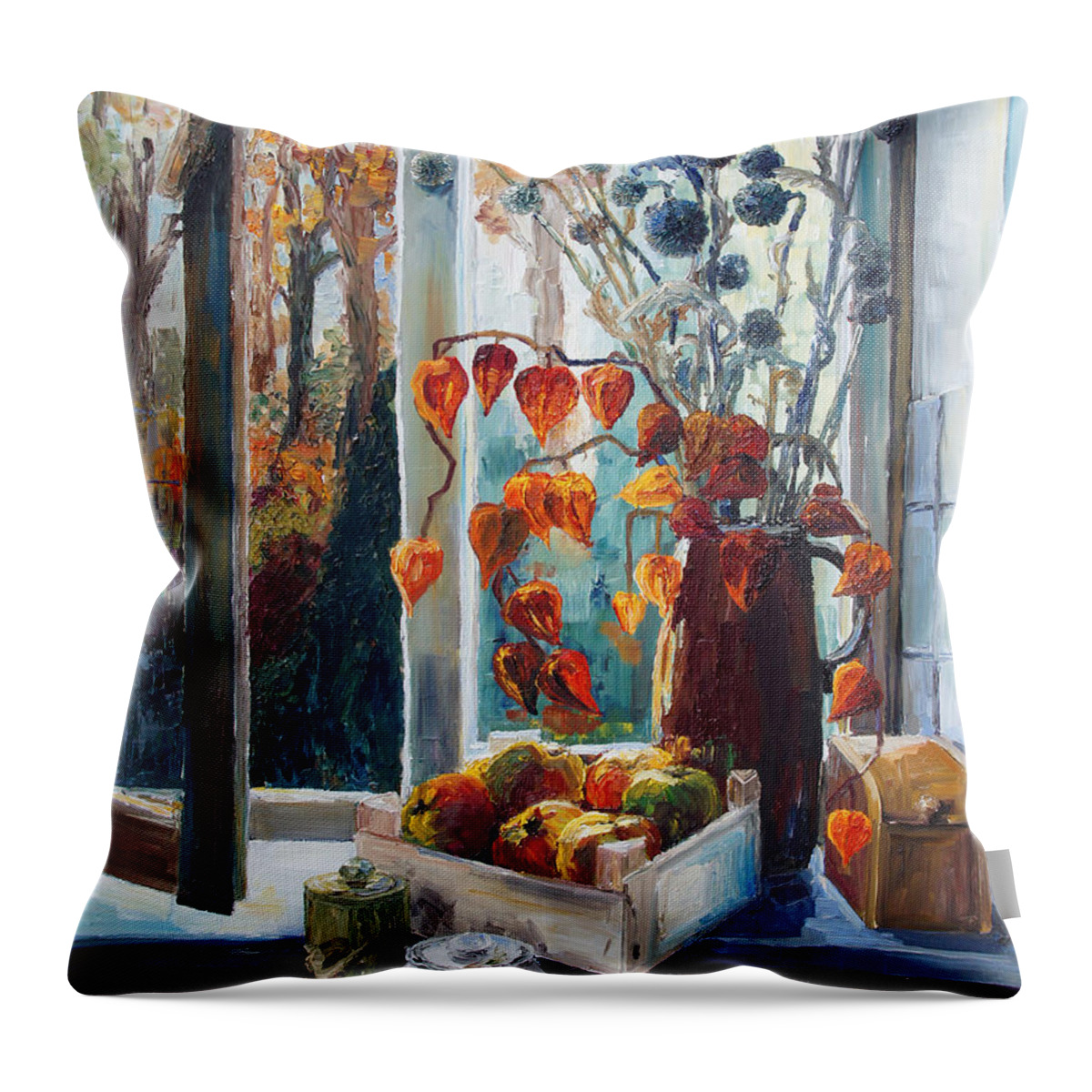 Still Life Throw Pillow featuring the painting Autumn At The Kitchen Window by Barbara Pommerenke