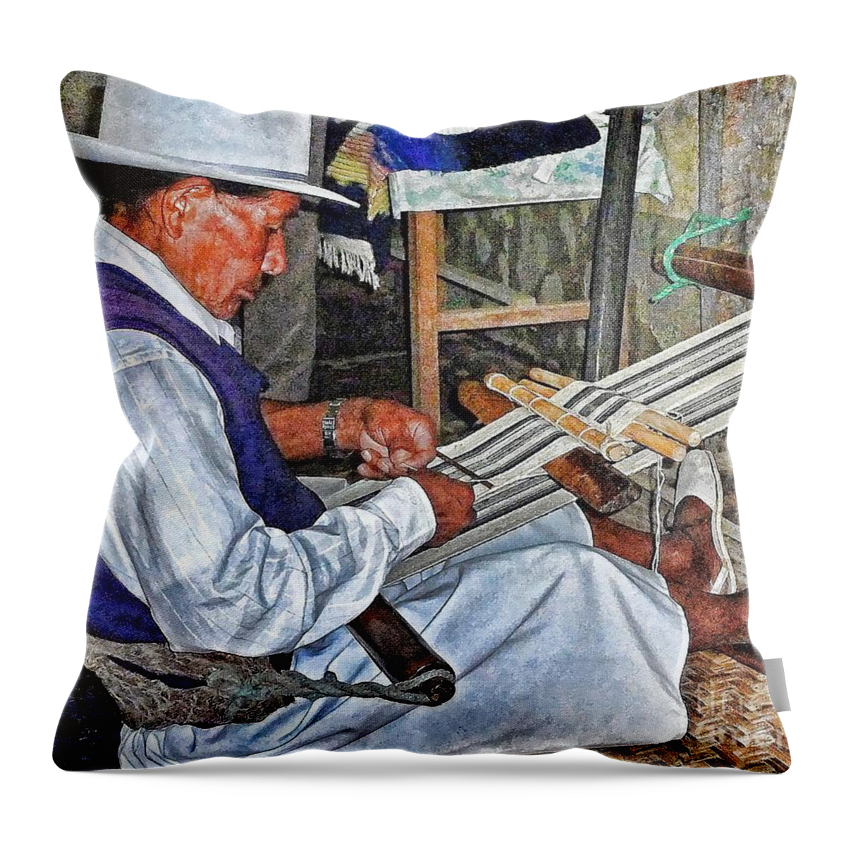 Julia Springer Throw Pillow featuring the photograph Backstrap loom - Ecuador by Julia Springer