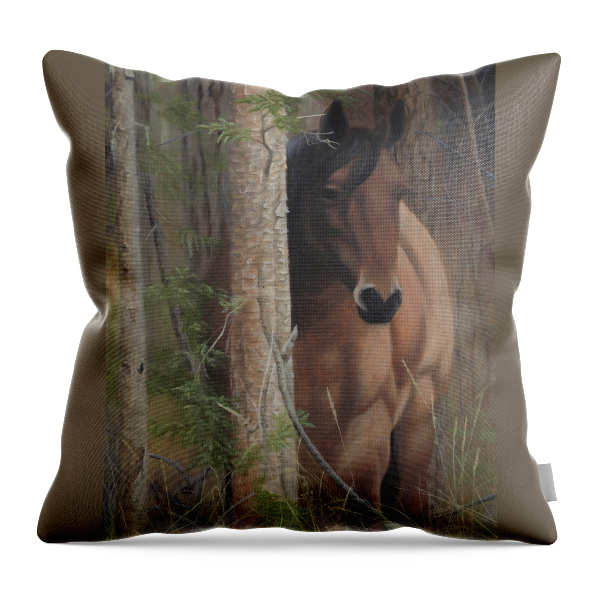 Horse Behind Tree Throw Pillow featuring the painting Bashful by Tammy Taylor