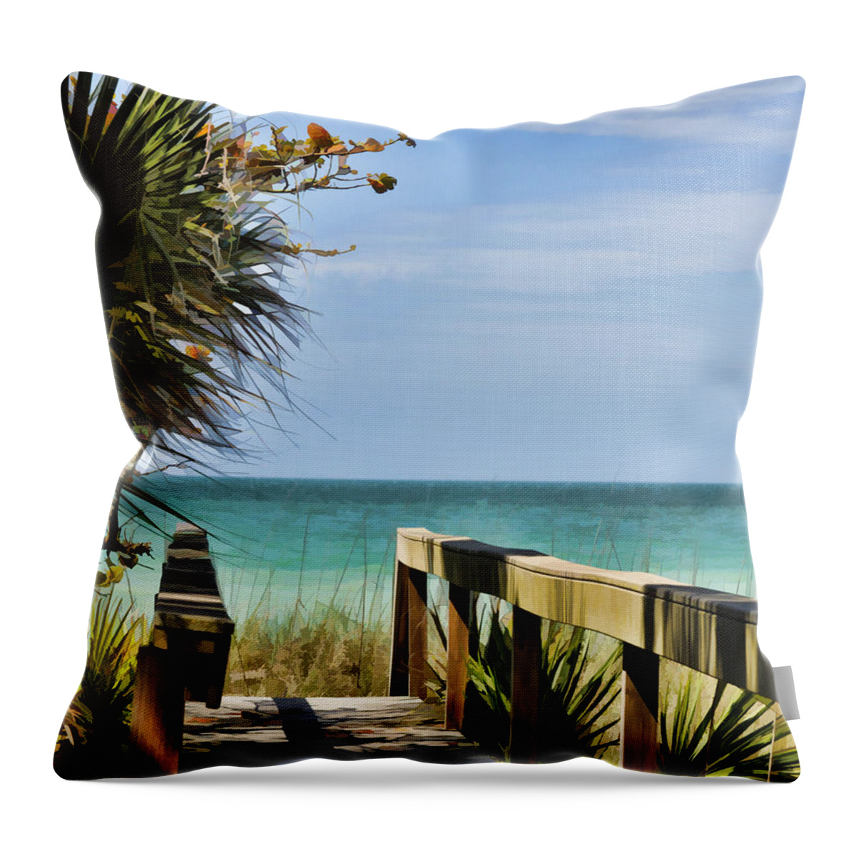 Vacation Throw Pillow featuring the photograph Beachgoers'Dock by Sandy Poore