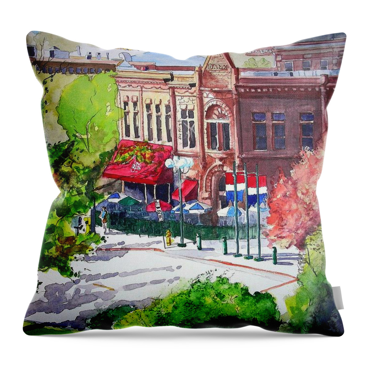 Watercolor Throw Pillow featuring the painting Beau Jo's by Tom Riggs