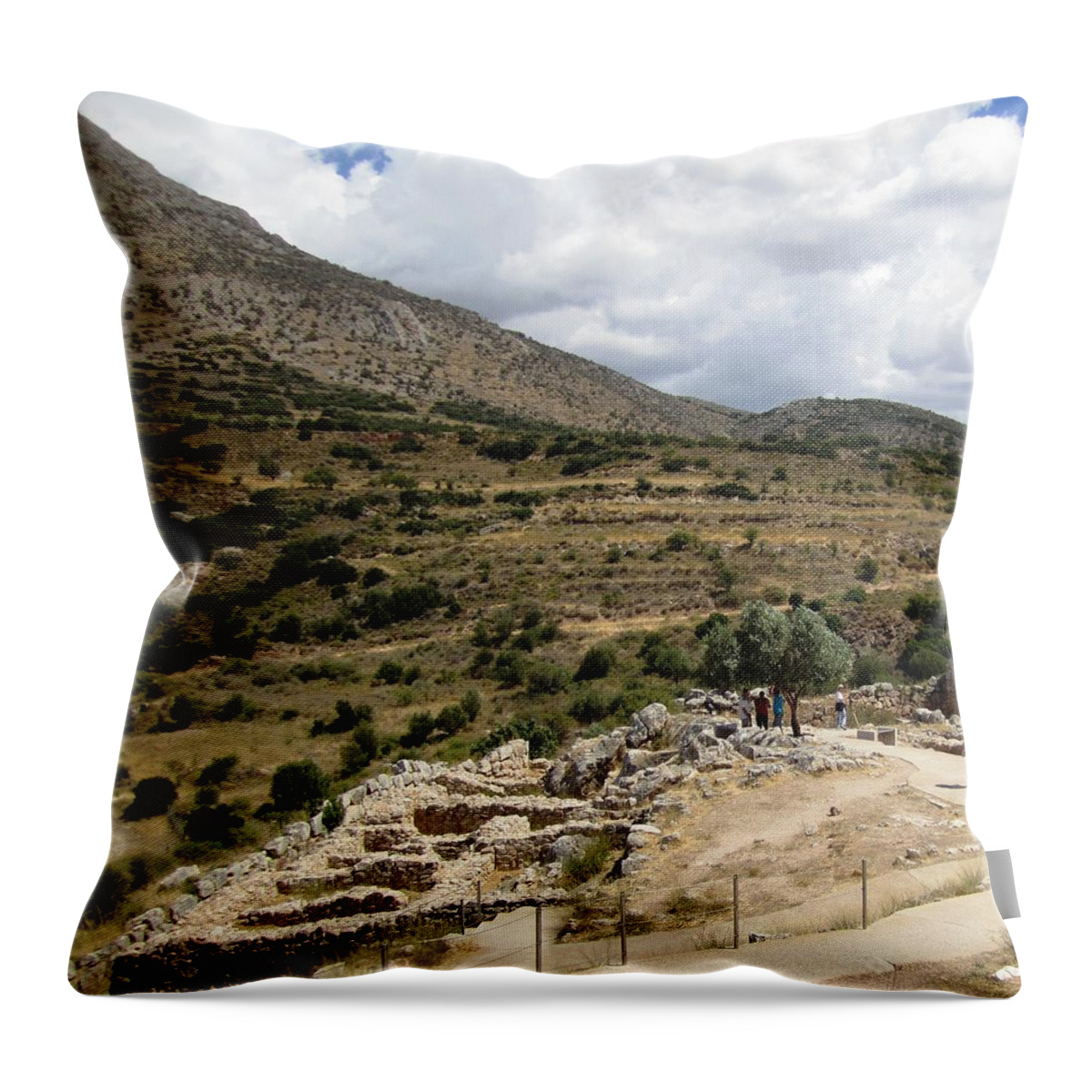 Mycenaean Throw Pillow featuring the photograph Beautiful Mountain Range View of the Ancient Hilltop and Archeological Remains in Mycenae Greece by John Shiron