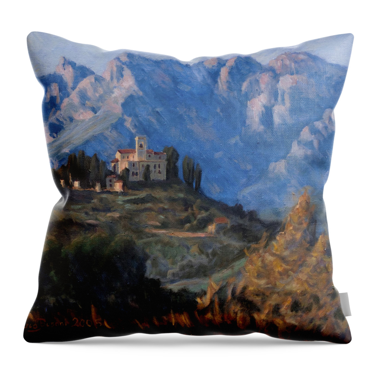 Alps Mountain Shrine Italy Resegone Montevecchia Throw Pillow featuring the painting Between Earth And Sky by Marco Busoni