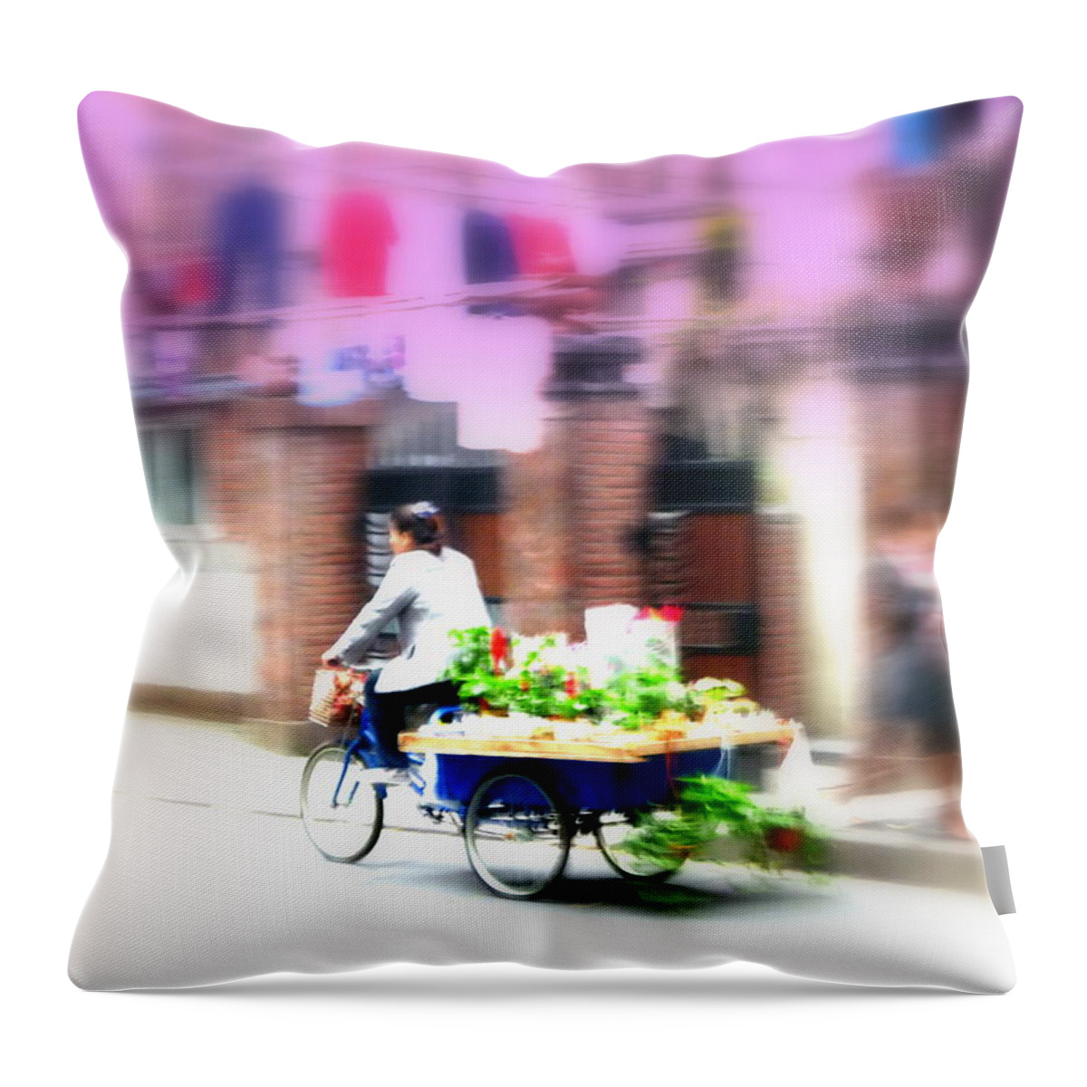 Asia Throw Pillow featuring the photograph Biking the veggies in Shanghai by Funkpix Photo Hunter