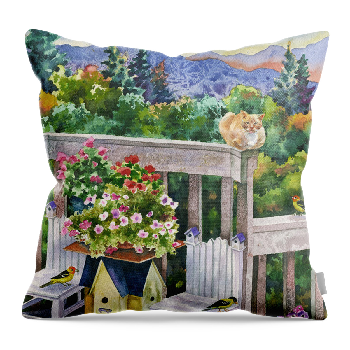 Cat Painting Throw Pillow featuring the painting Birdhouses by Anne Gifford