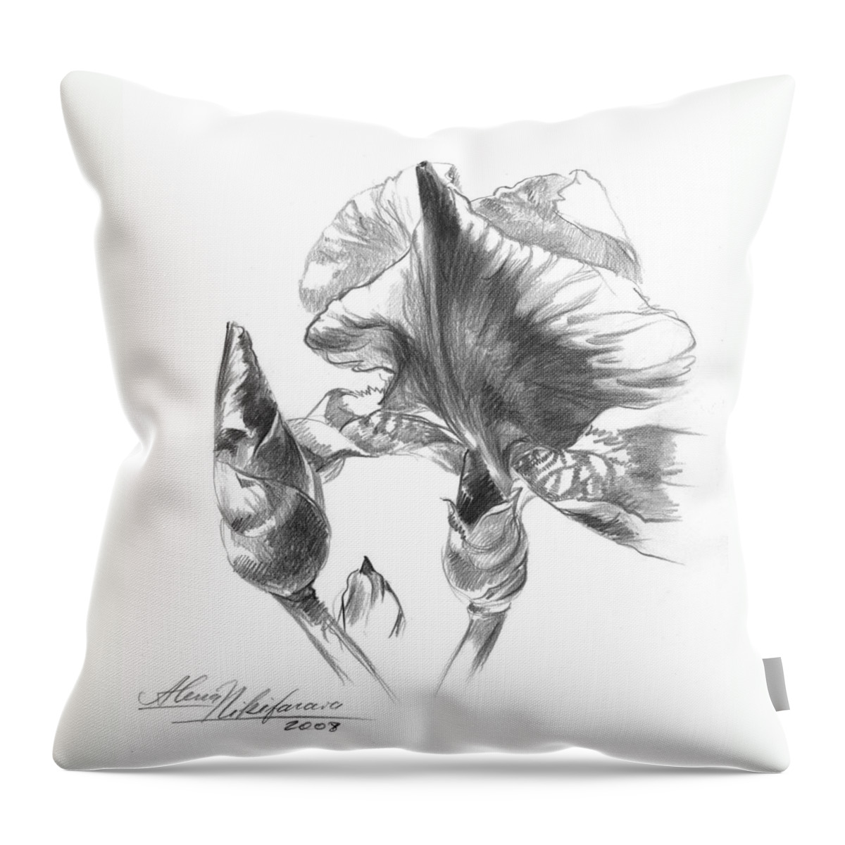 Iris Throw Pillow featuring the drawing Blooming Iris by Alena Nikifarava
