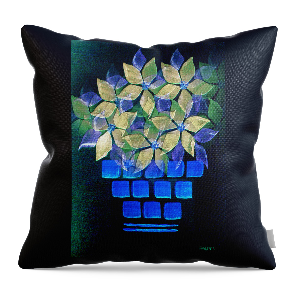Paula Ayers Throw Pillow featuring the mixed media Blue Flower Pot by Paula Ayers