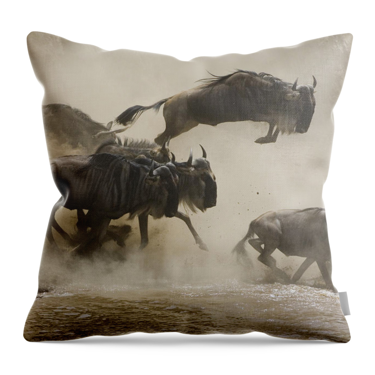 00761256 Throw Pillow featuring the photograph Blue Wildebeest Crossing Mara River by Suzi Eszterhas