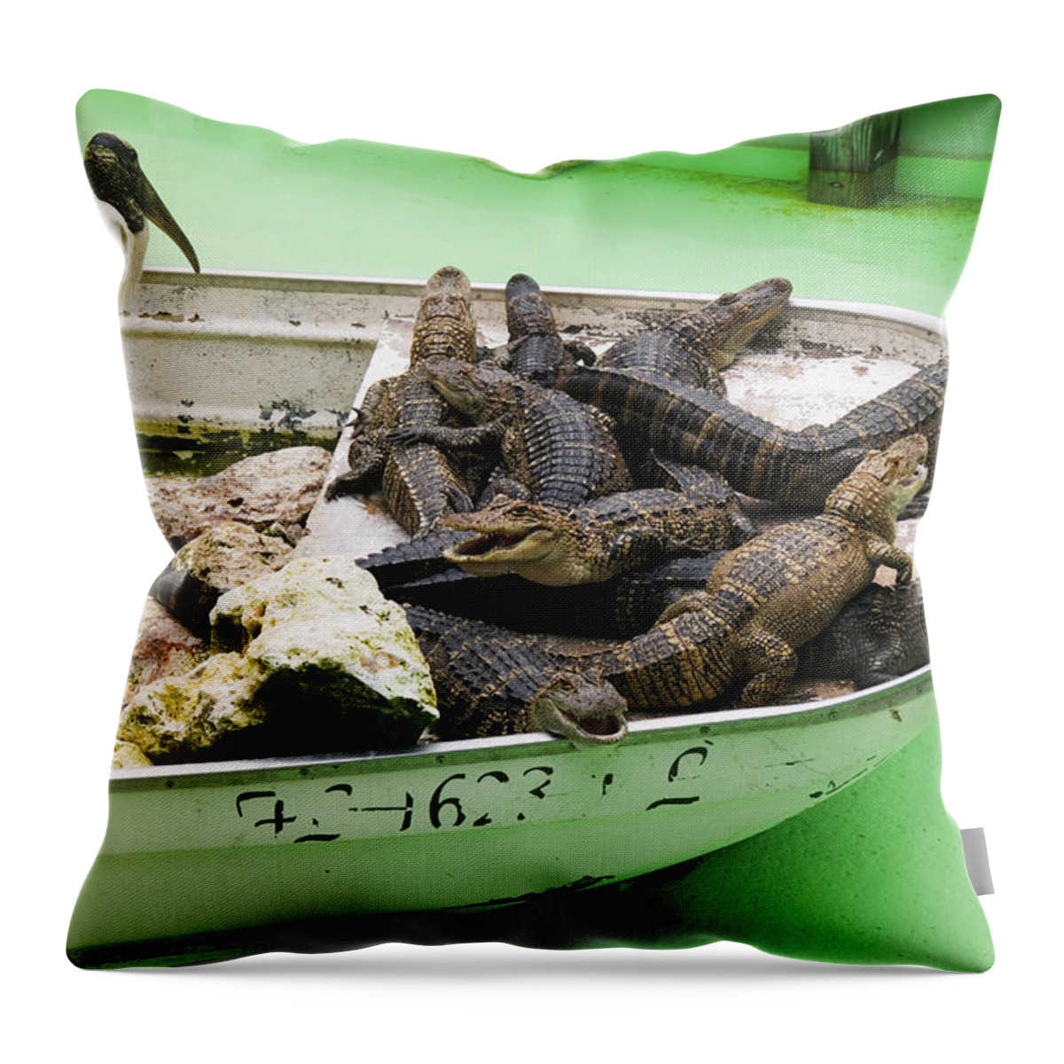 Boat Throw Pillow featuring the photograph Boat full of alligators by Garry Gay