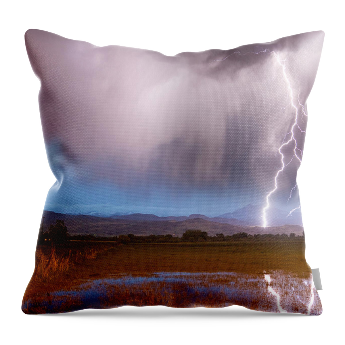 Lightning Throw Pillow featuring the photograph C2G Lightning Bolts Striking Longs Peak Foothills 6 by James BO Insogna