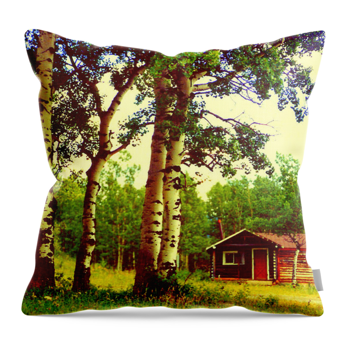 Cabin And Birch Trees Throw Pillow featuring the photograph Cabin and Birch Trees by Lou Ann Bagnall