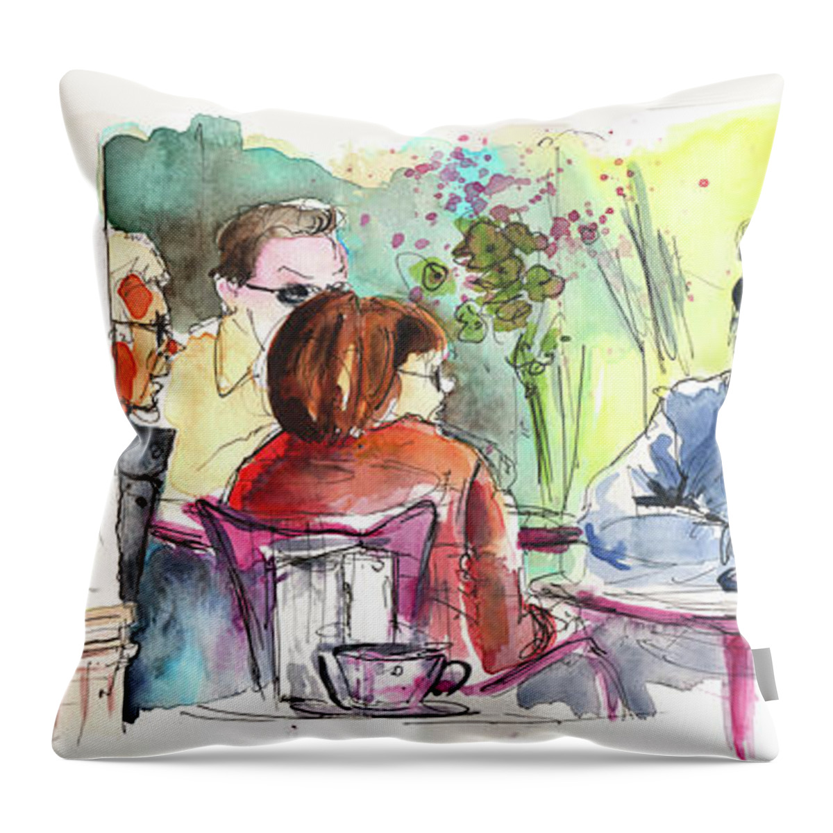 Spain Throw Pillow featuring the painting Cafe Life in Spain 01 by Miki De Goodaboom