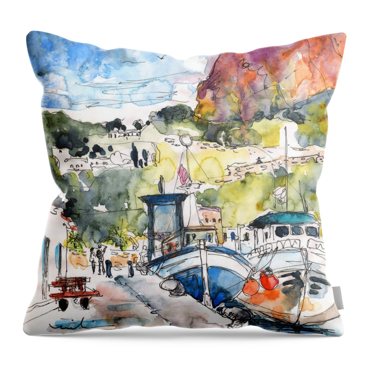 Travel Throw Pillow featuring the painting Calpe Harbour 05 by Miki De Goodaboom