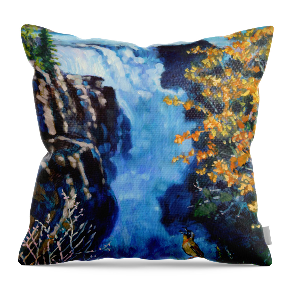 Mountain Waterfall Throw Pillow featuring the painting Can You Hear Me by John Lautermilch