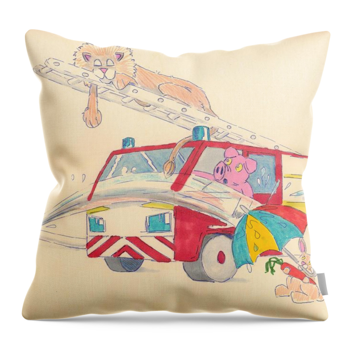 Red Throw Pillow featuring the drawing Cartoon Fire Engine and Animals by Mike Jory